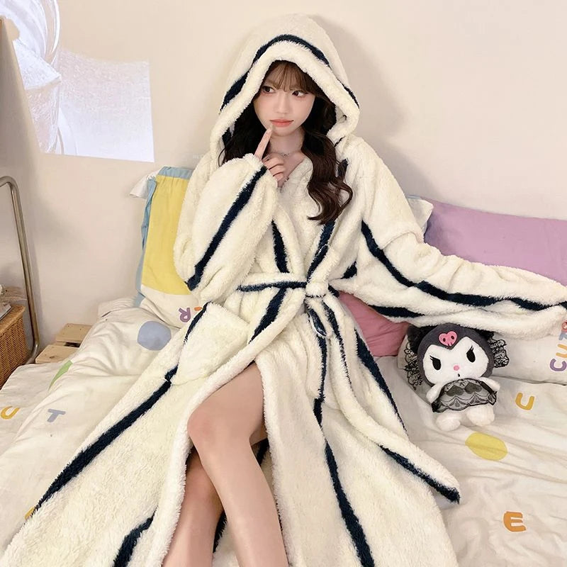 Peignoir de bain chaud femme-flanelle-tricoter-polyester-coton-motif-floral-géométrique-animale-manche-longue-épais-large-capuche-longueur-cheville-doux-confortable-moelleux-printemps-rayure-hiver-automne-blanc-noir