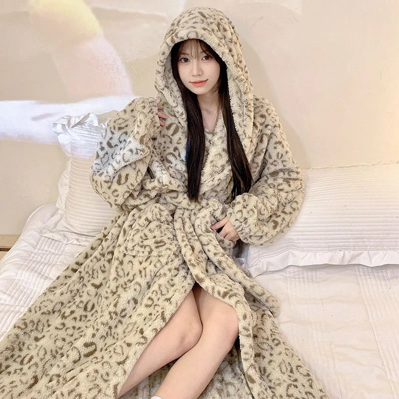 Peignoir de bain chaud femme-flanelle-tricoter-polyester-coton-motif-floral-géométrique-animale-manche-longue-épais-large-capuche-longueur-cheville-doux-confortable-moelleux-printemps-rayure-hiver-automne-café-marron-beige