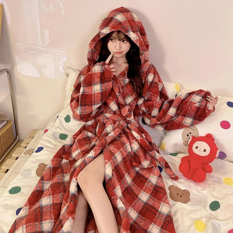 Peignoir de bain chaud femme-flanelle-tricoter-polyester-coton-motif-floral-géométrique-animale-manche-longue-épais-longueur-cheville-doux-confortable-moelleux-printemps-automne-hiver
