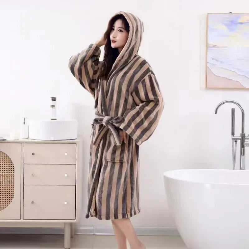 Peignoir_de_bain_chauffant-coton-polaire-thermo-capuche-rayure-manche-longue-épais-mi-mollet-absorbant-moelleux-confortable-capuche-hiver-printemps-automne-marron-beige