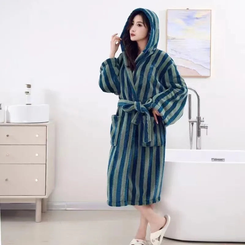 Peignoir de bain chauffant-coton-polaire-thermo-capuche-rayure-manche-longue-epais-mi-mollet-absorbant-moelleux-confortable-capuche-printemps-automne-hiver-bleu-vert