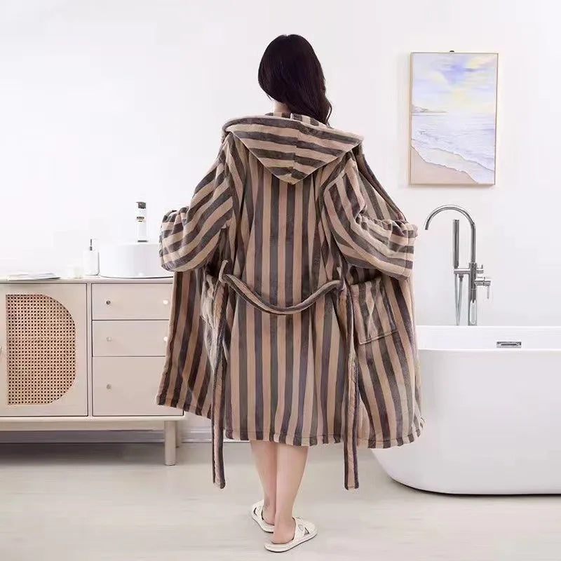 Peignoir de bain chauffant-coton-polaire-thermo-capuche-rayure-manche-longue-épais-mi-mollet-absorbant-moelleux-confortable-capuche-printemps-automne-hiver-marron-beige