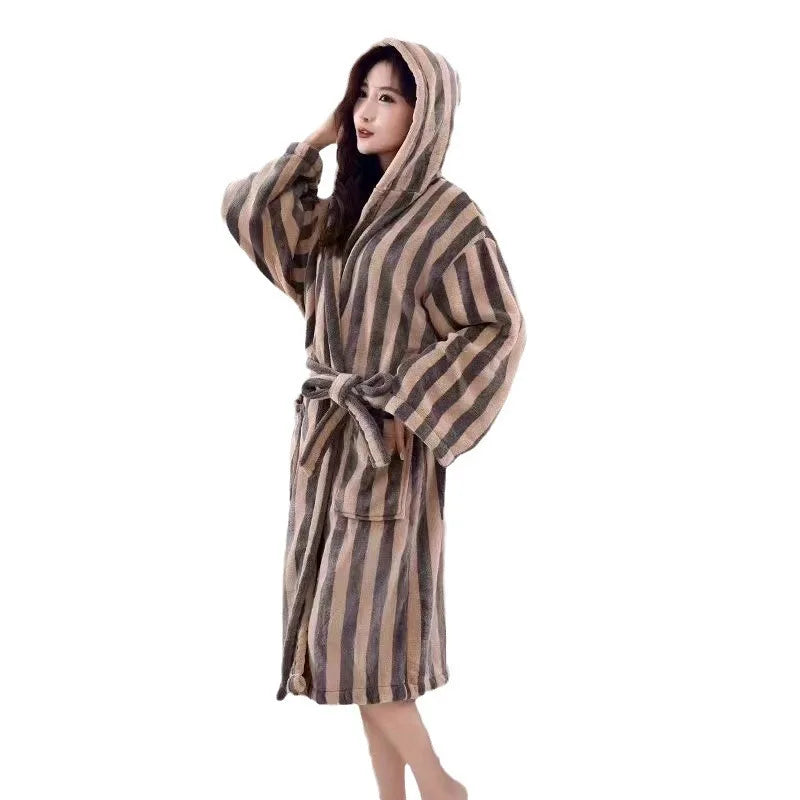 Peignoir de bain chauffant-coton-polaire-thermo-capuche-rayure-manche-longue-épais-mi-mollet-absorbant-moelleux-confortable-capuche-printemps-hiver-automne-marron-beige