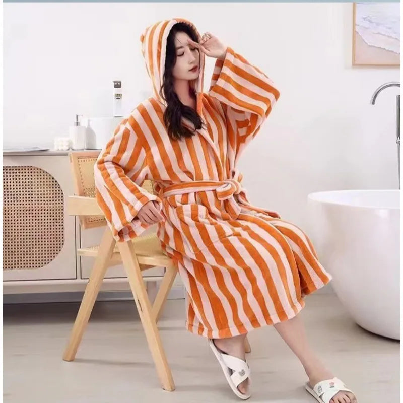 Peignoir de bain chauffant-coton-polaire-thermo-capuche-rayure-manche-longue-epais-mi-mollet-absorbant-moelleux-confortable-capuche-printemps-hiver-automne-orange-beige