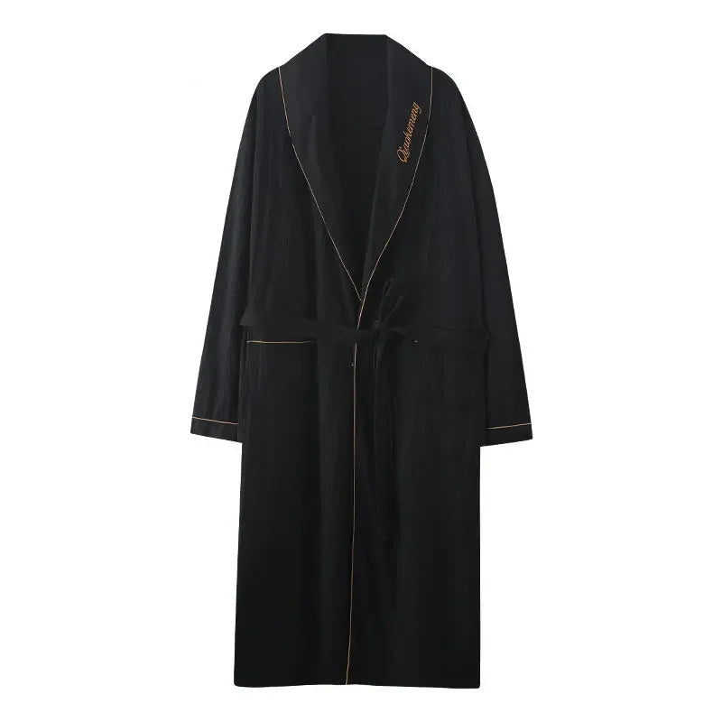 Peignoir de bain comique-coton-polyester-style-kimono-absorbant-moelleux-confortable-manche-longue-col-châle-mi-mollet-printemps-automne-été-bleu-fonce-bande-or