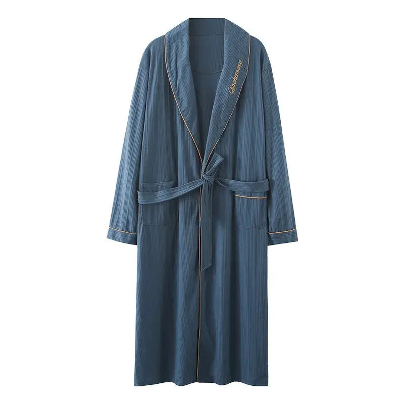 Peignoir de bain comique-coton-polyester-style-kimono-absorbant-moelleux-confortable-manche-longue-col-châle-mi-mollet-printemps-bleu-automne-été-fonce-bande-or
