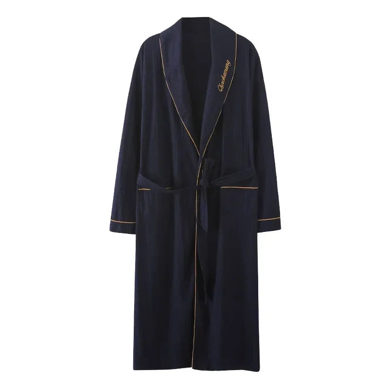 Peignoir de bain comique-coton-polyester-style-kimono-absorbant-moelleux-confortable-manche-longue-col-châle-mi-mollet-printemps-été-automne-bleu-fonce-bande-or