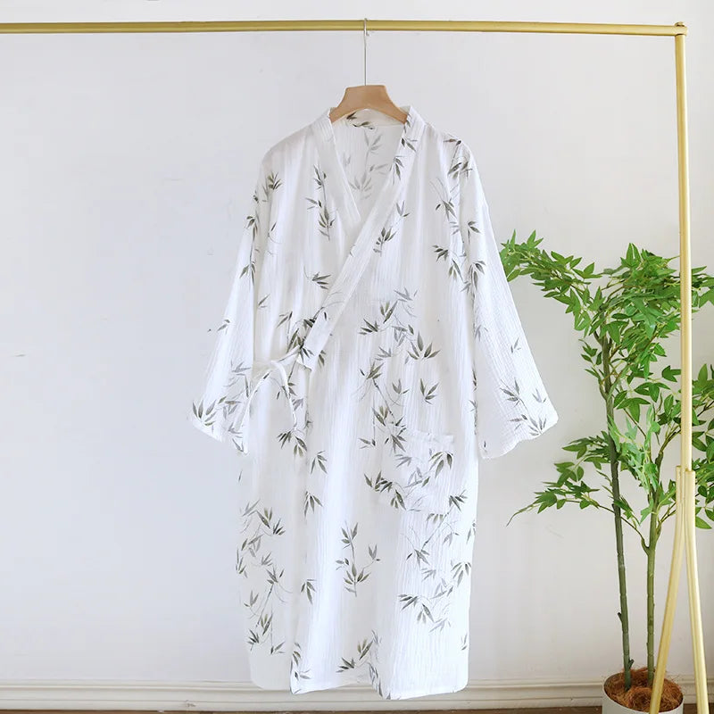 Peignoir de bain coton-coton-ultra-léger-col-V-manche-trois-quarts-moelleux-confortable-absorbant-mi-mollet-motif-floral-été-géométrique-printemps-automne-blanc