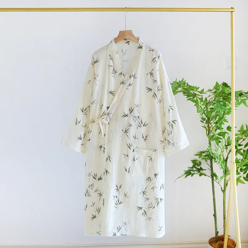 Peignoir de bain coton-coton-ultra-léger-col-V-manche-trois-quarts-moelleux-confortable-absorbant-mi-mollet-motif-floral-géométrique-été-printemps-automne-blanc