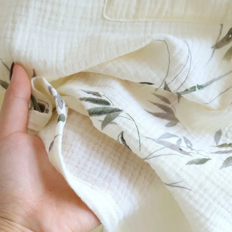 Peignoir de bain coton-coton-ultra-léger-col-V-manche-trois-quarts-moelleux-confortable-absorbant-mi-mollet-motif-floral-géométrique-printemps-automne-été-blanc-beige