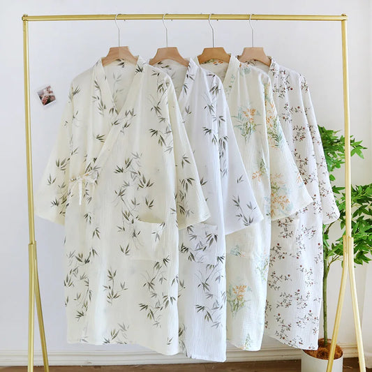 Peignoir de bain coton-coton-ultra-léger-col-V-manche-trois-quarts-moelleux-confortable-absorbant-mi-mollet-motif-floral-géométrique-printemps-automne-été