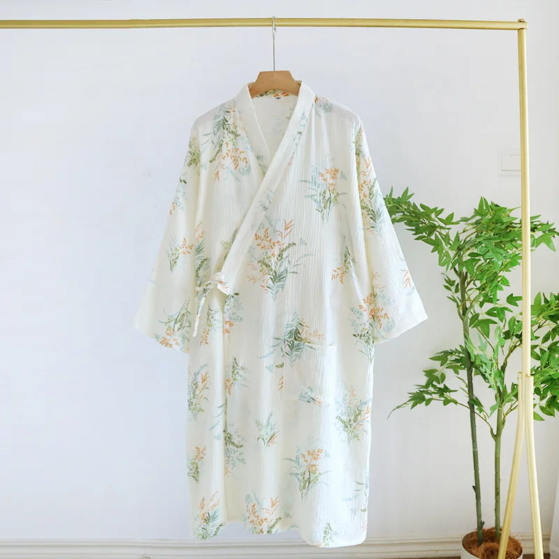 Peignoir de bain coton-coton-ultra-léger-col-V-manche-trois-quarts-moelleux-confortable-absorbant-mi-mollet-motif-floral-géométrique-printemps-été-automne-blanc