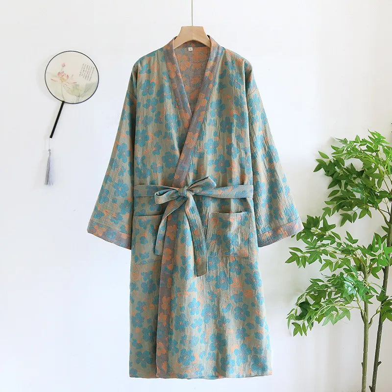Peignoir de bain coton bio-tricot-coton-laine-peigné-col-V-style-kimono-motif-floral-geometrique-moelleux-absorbant-confortable-manche-longue-mi-mollet-printemps-automne-hiver-ete-bleu-rose