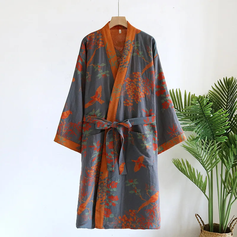 Peignoir de bain coton bio-tricot-coton-laine-peigné-col-V-style-kimono-motif-floral-géométrique-moelleux-absorbant-confortable-manche-longue-mi-mollet-printemps-automne-hiver-été-gris-orange