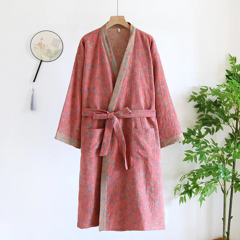 Peignoir de bain coton bio-tricot-coton-laine-peigné-col-V-style-kimono-motif-floral-géométrique-moelleux-absorbant-confortable-manche-longue-mi-mollet-printemps-automne-hiver-été-gris-rose