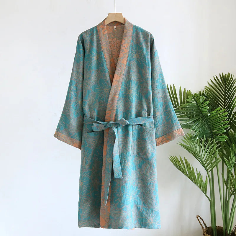 Peignoir de bain coton bio-tricot-coton-laine-peigné-col-V-style-kimono-motif-floral-géométrique-moelleux-absorbant-confortable-manche-longue-mi-mollet-printemps-automne-hiver-été-orange-bleu-ciel