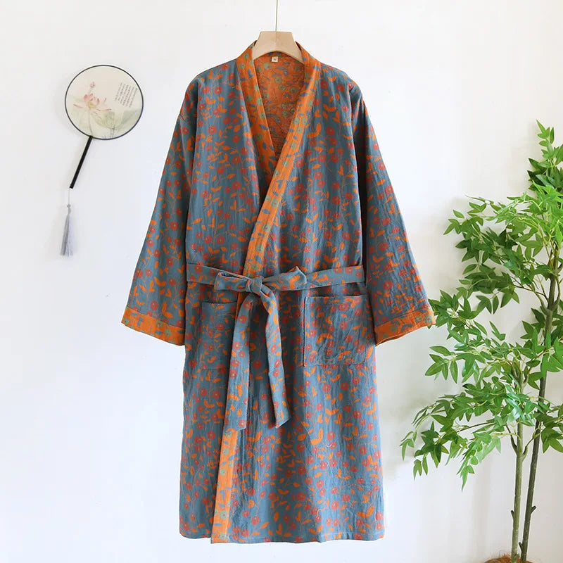 Peignoir de bain coton bio-tricot-coton-laine-peigné-col-V-style-kimono-motif-floral-géométrique-moelleux-absorbant-confortable-manche-longue-mi-mollet-printemps-automne-hiver-été-orange-gris