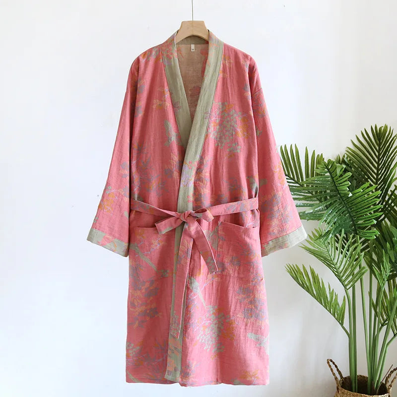 Peignoir de bain coton bio-tricot-coton-laine-peigné-col-V-style-kimono-motif-floral-géométrique-moelleux-absorbant-confortable-manche-longue-mi-mollet-printemps-automne-hiver-été-rose-gris