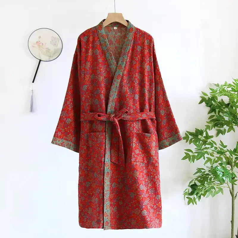 Peignoir de bain coton bio-tricot-coton-laine-peigné-col-V-style-kimono-motif-floral-géométrique-moelleux-absorbant-confortable-manche-longue-mi-mollet-printemps-automne-hiver-été-rouge-vert-gris
