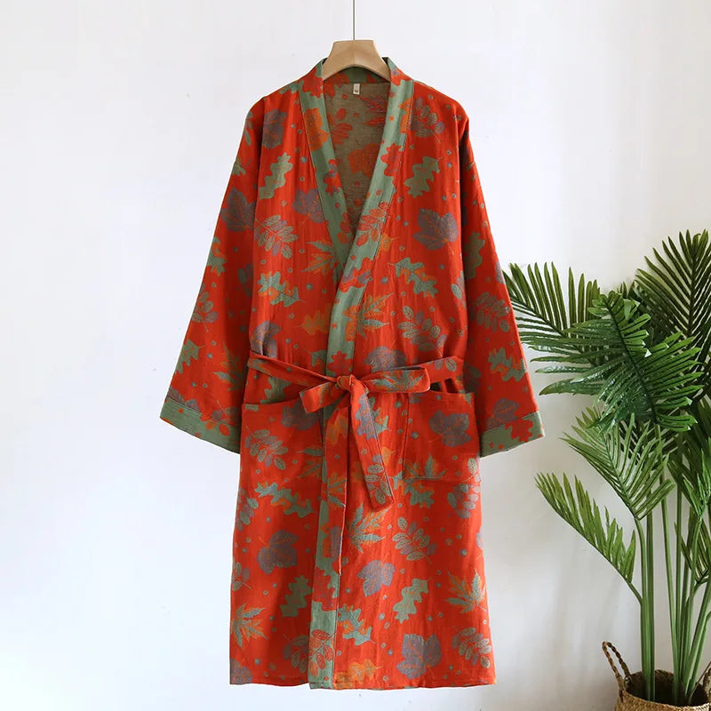 Peignoir de bain coton bio-tricot-coton-laine-peigné-col-V-style-kimono-motif-floral-géométrique-moelleux-absorbant-confortable-manche-longue-mi-mollet-printemps-automne-hiver-été-vert-rouge