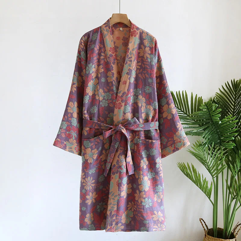 Peignoir de bain coton bio-tricot-coton-laine-peigné-col-V-style-kimono-motif-floral-géométrique-moelleux-absorbant-confortable-manche-longue-mi-mollet-printemps-automne-hiver-été-violet-rose-bleu