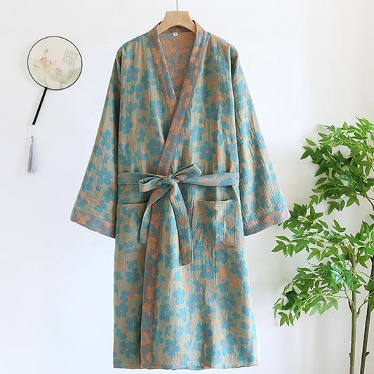 Peignoir de bain coton bio-tricot-coton-laine-peigné-col-V-style-kimono-motif-floral-géométrique-moelleux-absorbant-confortable-manche-longue-mi-mollet-printemps-automne-hiver-été