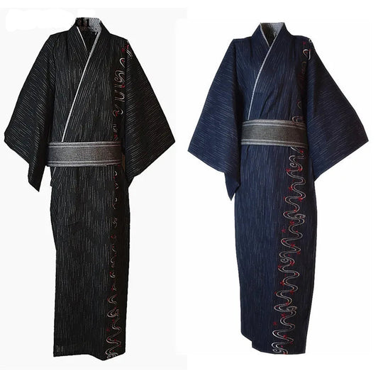 Peignoir de bain coton bio bleu-coton-bio-style-kimono-col-V-motif-asiatique-épaisseur-normal-moelleux-confortable-absorbant-manche-trois-quart-longueur-cheville-bleu-marine-noir