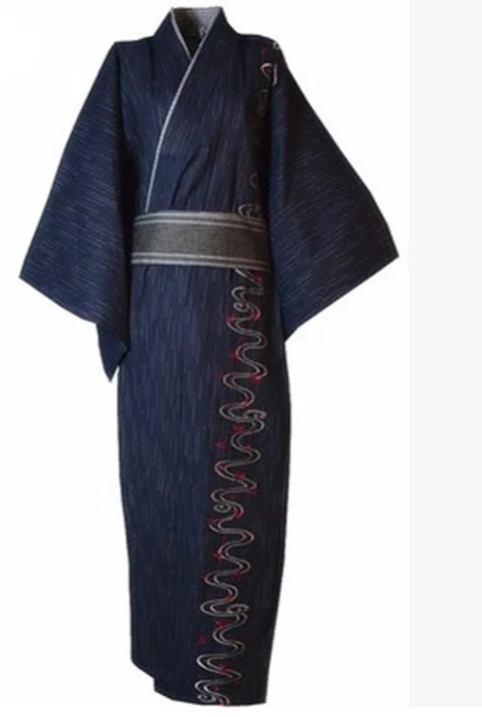 Peignoir de bain coton bio bleu-coton-bio-style-kimono-col-V-motif-asiatique-épaisseur-normal-moelleux-confortable-absorbant-manche-trois-quart-longueur-cheville-bleu-marine