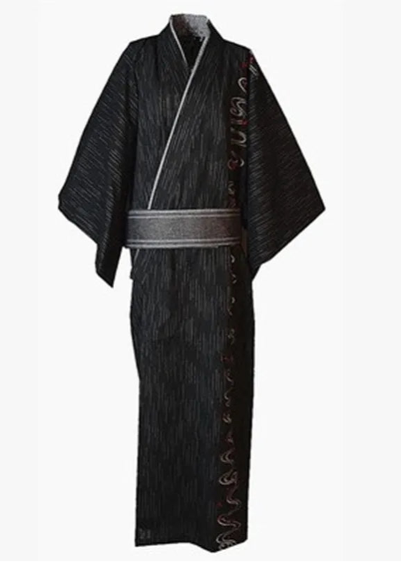 Peignoir de bain coton bio bleu-coton-bio-style-kimono-col-V-motif-asiatique-épaisseur-normal-moelleux-confortable-absorbant-manche-trois-quart-longueur-cheville-noir