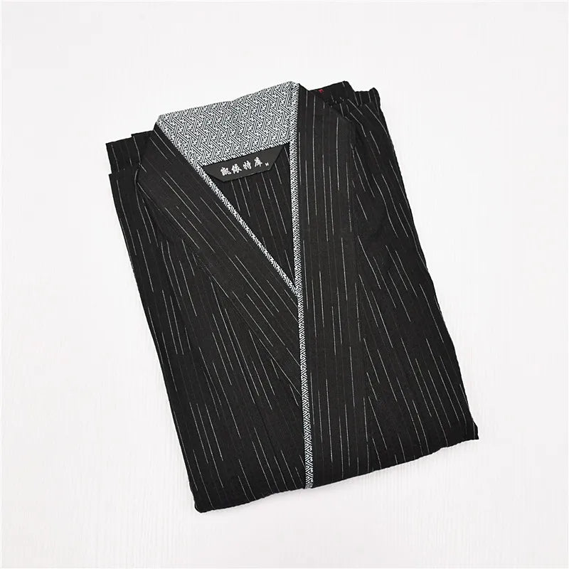 Peignoir de bain coton bio bleu-coton-bio-style-kimono-col-V-motif-asiatique-épaisseur-normal-moelleux-confortable-absorbant-manche-trois-quart-longueur-cheville-printemps-automne-été-noir