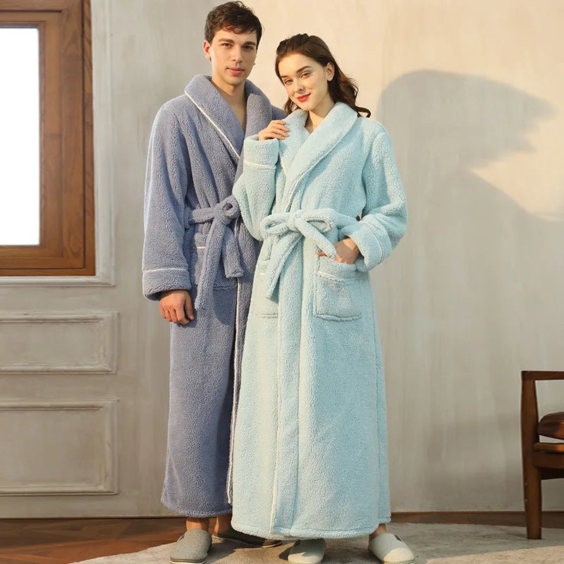 Peignoir de bain coton égyptien homme-polyester-coton-col-châle-manche-longue-épais-longueur-cheville-confortable-doux-moelleux-absorbant-printemps-automne-hiver-bleu-ciel-gris
