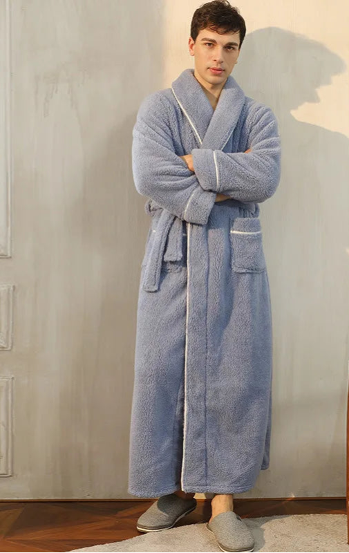 Peignoir de bain coton égyptien homme-polyester-coton-col-chale-manche-longue-epais-longueur-cheville-confortable-doux-moelleux-absorbant-printemps-automne-hiver-gris