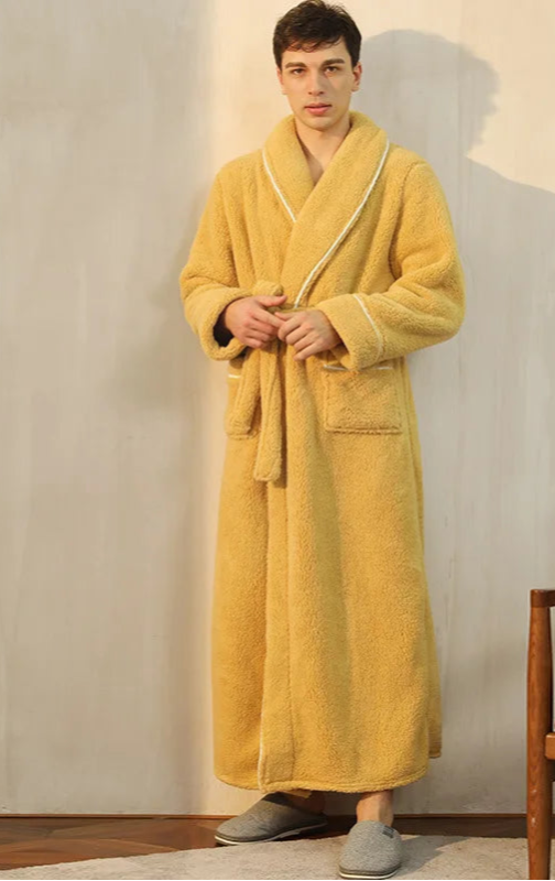 Peignoir de bain coton égyptien homme-polyester-coton-col-châle-manche-longue-épais-longueur-cheville-confortable-doux-moelleux-absorbant-printemps-automne-hiver-jaune