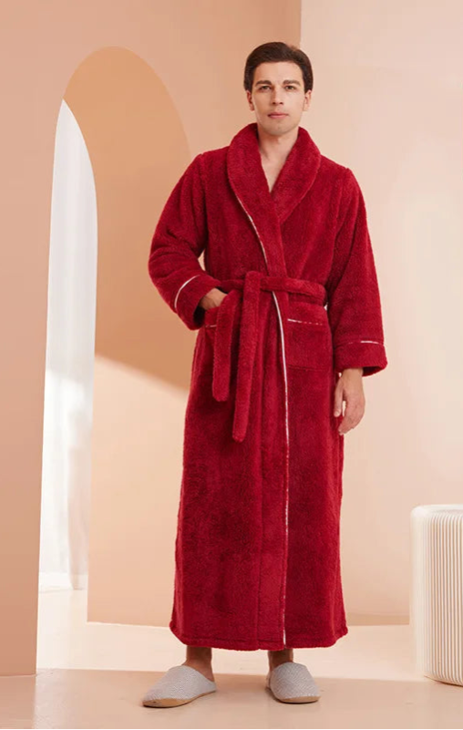 Peignoir_de_bain_coton_égyptien_homme-polyester-coton-col-châle-manche-longue-épais-longueur-cheville-confortable-doux-moelleux-absorbant-printemps-hiver-automne-bordeaux