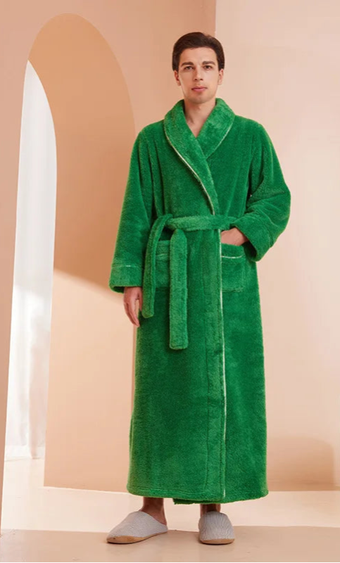 Peignoir_de_bain_coton_égyptien_homme-polyester-coton-col-châle-manche-longue-épais-longueur-cheville-confortable-doux-moelleux-absorbant-printemps-hiver-automne-vert