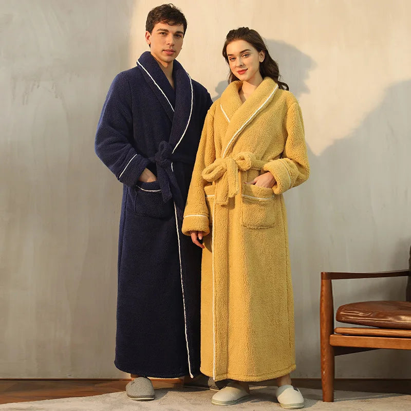 Peignoir de bain coton égyptien homme-polyester-coton-col-châle-manche-longue-épais-longueur-cheville-confortable-doux-moelleux-absorbant-printemps-automne-hiver-bleu-marine-jaune