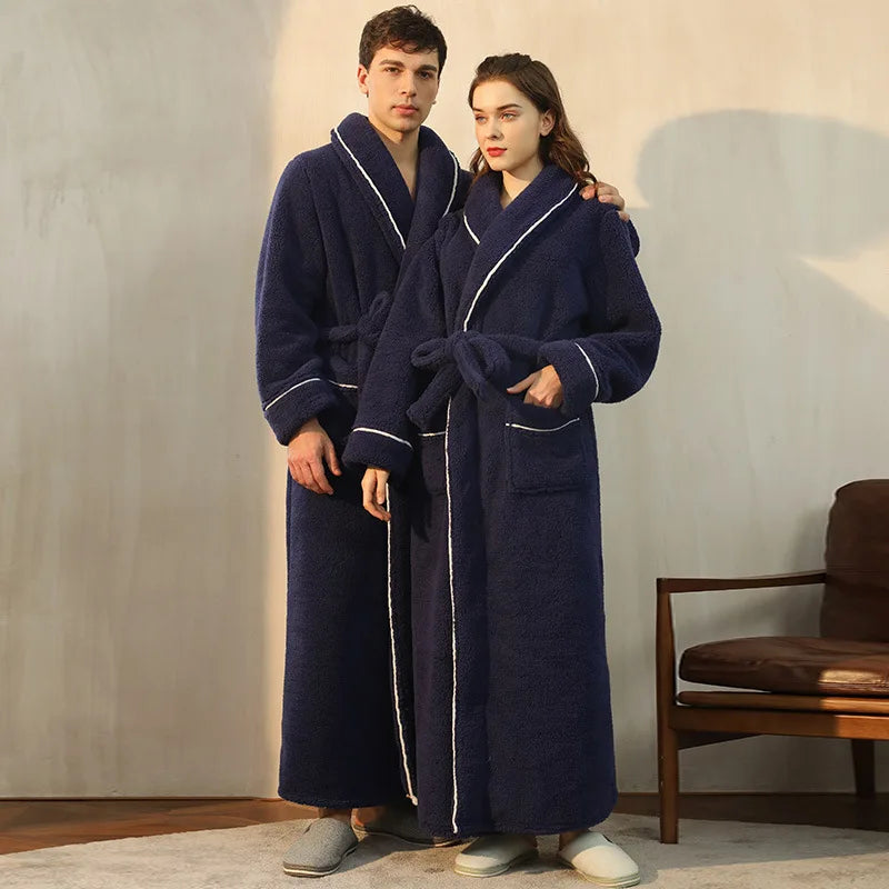 Peignoir de bain coton égyptien homme-polyester-coton-col-châle-manche-longue-épais-longueur-cheville-confortable-doux-moelleux-absorbant-printemps-automne-hiver-bleu-marine