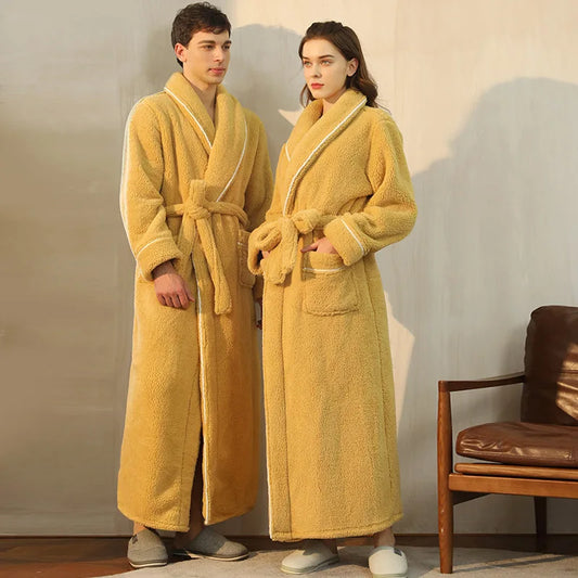 Peignoir de bain coton égyptien homme-polyester-coton-col-châle-manche-longue-épais-longueur-cheville-confortable-doux-moelleux-absorbant-printemps-automne-hiver-jaune-