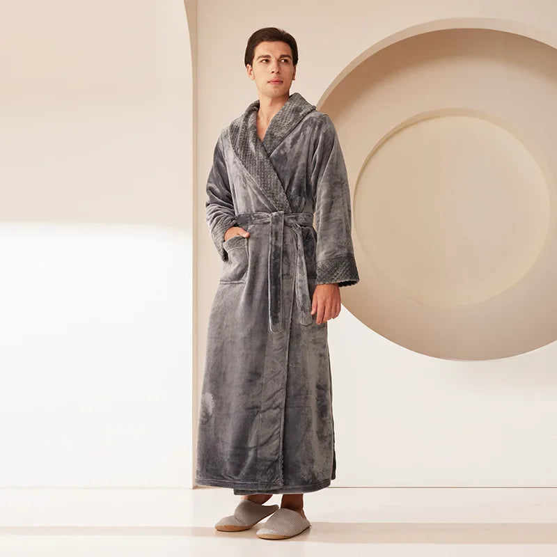 Peignoir_de_bain_couple-flanelle-polyester-col-châle-manche-longue-épais-longueur-cheville-absorbant-doux-moelleux-confortable-automne-hiver-printemps-gris