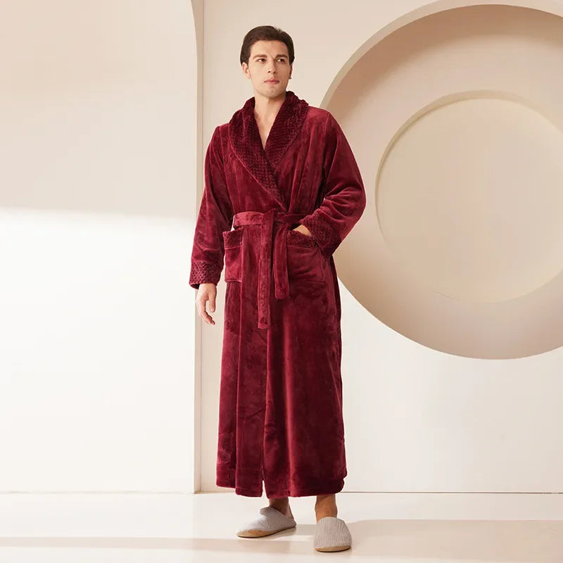 Peignoir_de_bain_couple-flanelle-polyester-col-chale-manche-longue-epais-longueur-cheville-absorbant-doux-moelleux-confortable-automne-printemps-hiver-bordeaux