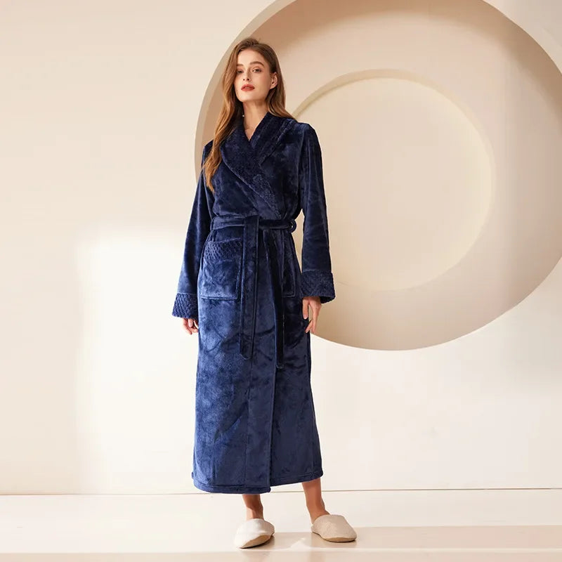Peignoir_de_bain_couple-flanelle-polyester-col-châle-manche-longue-épais-longueur-cheville-absorbant-doux-moelleux-confortable-hiver-printemps-automne-bleu-marine