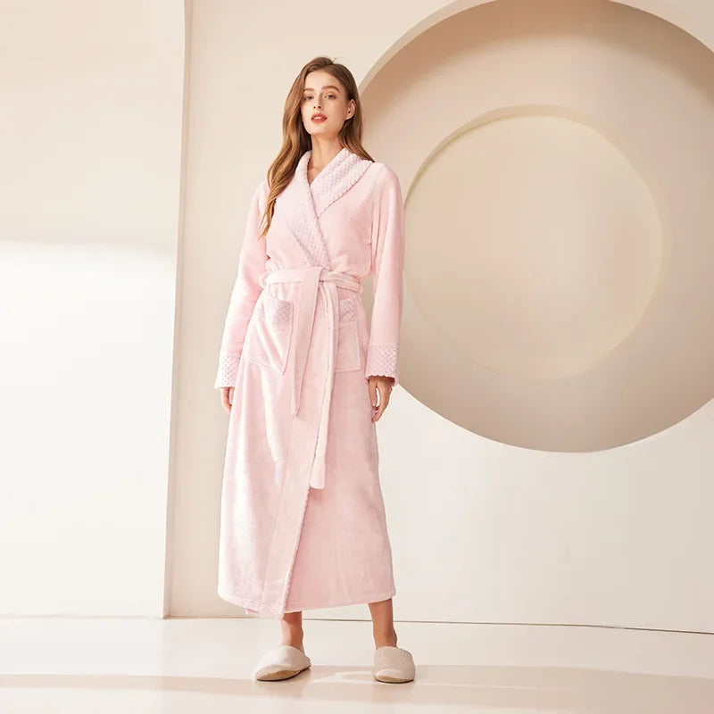 Peignoir_de_bain_couple-flanelle-polyester-col-châle-manche-longue-épais-longueur-cheville-absorbant-doux-moelleux-confortable-hiver-printemps-automne-rose-clair
