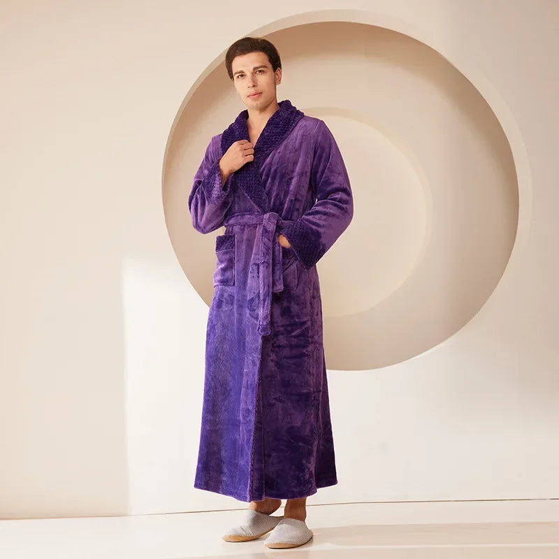 Peignoir_de_bain_couple-flanelle-polyester-col-châle-manche-longue-épais-longueur-cheville-absorbant-doux-moelleux-confortable-hiver-printemps-automne-violet
