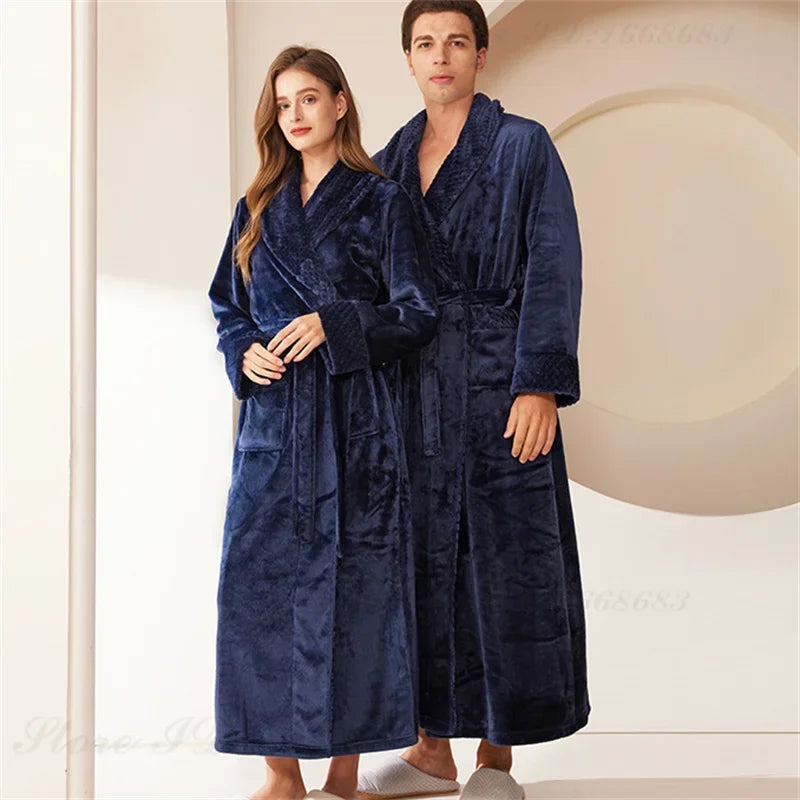 Peignoir de bain couple-flanelle-polyester-col-châle-manche-longue-épais-longueur-cheville-absorbant-doux-moelleux-confortable-printemps-automne-hiver-bleu-marine
