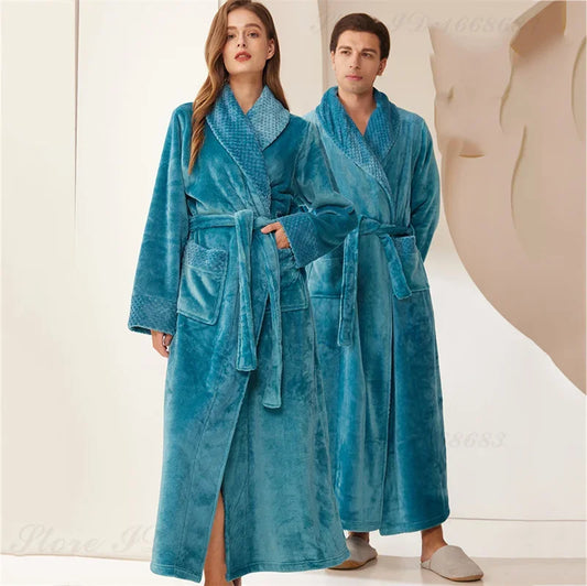 Peignoir de bain couple-flanelle-polyester-col-châle-manche-longue-épais-longueur-cheville-absorbant-doux-moelleux-confortable-printemps-automne-hiver-bleu