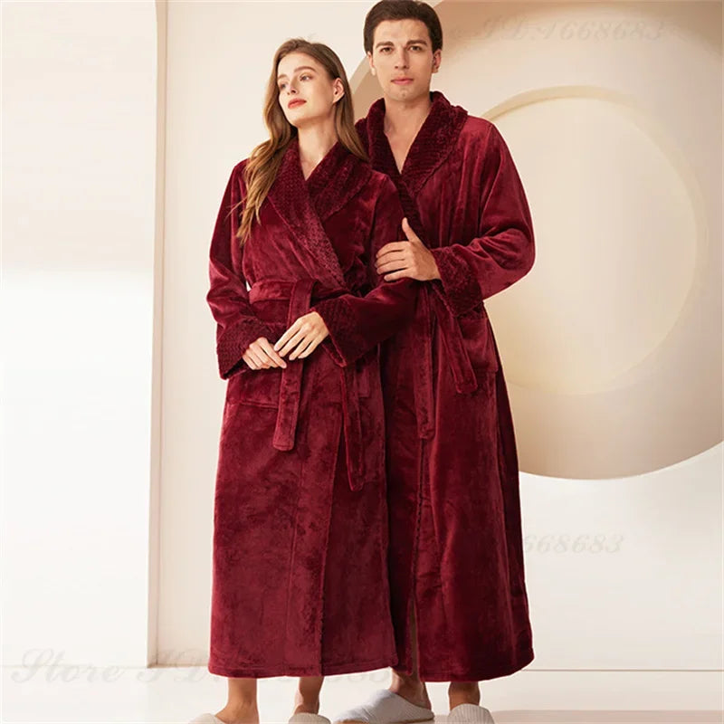 Peignoir de bain couple-flanelle-polyester-col-châle-manche-longue-épais-longueur-cheville-absorbant-doux-moelleux-confortable-printemps-automne-hiver-bordeaux