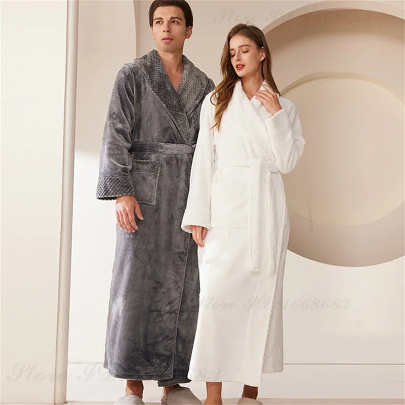 Peignoir de bain couple-flanelle-polyester-col-châle-manche-longue-épais-longueur-cheville-absorbant-doux-moelleux-confortable-printemps-automne-hiver-gris-blanc