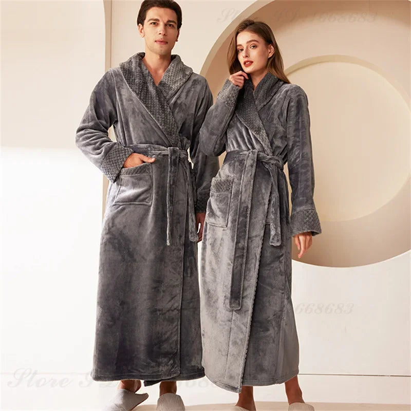 Peignoir de bain couple-flanelle-polyester-col-chale-manche-longue-epais-longueur-cheville-absorbant-doux-moelleux-confortable-printemps-automne-hiver-gris