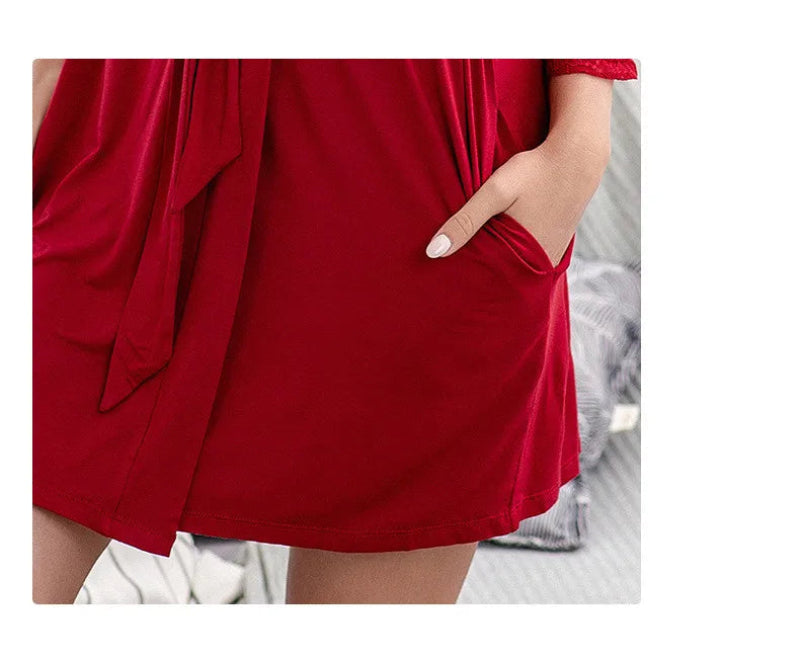 Peignoir de bain court femme-coton-élasthanne-coton-peigne-manche-trois-quarts--col-V-léger-mi-genou-moelleux-confortable-doux-absorbant-été-poche-latérale-rouge