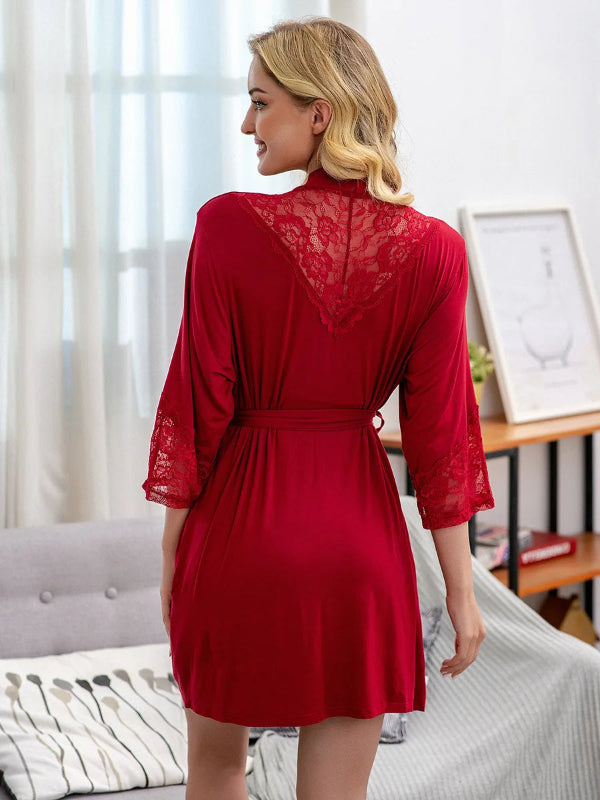 Peignoir de bain court femme-coton-élasthanne-coton-peigne-manche-trois-quarts--col-V-léger-mi-genou-moelleux-confortable-doux-absorbant-poche-été-latérale-rouge